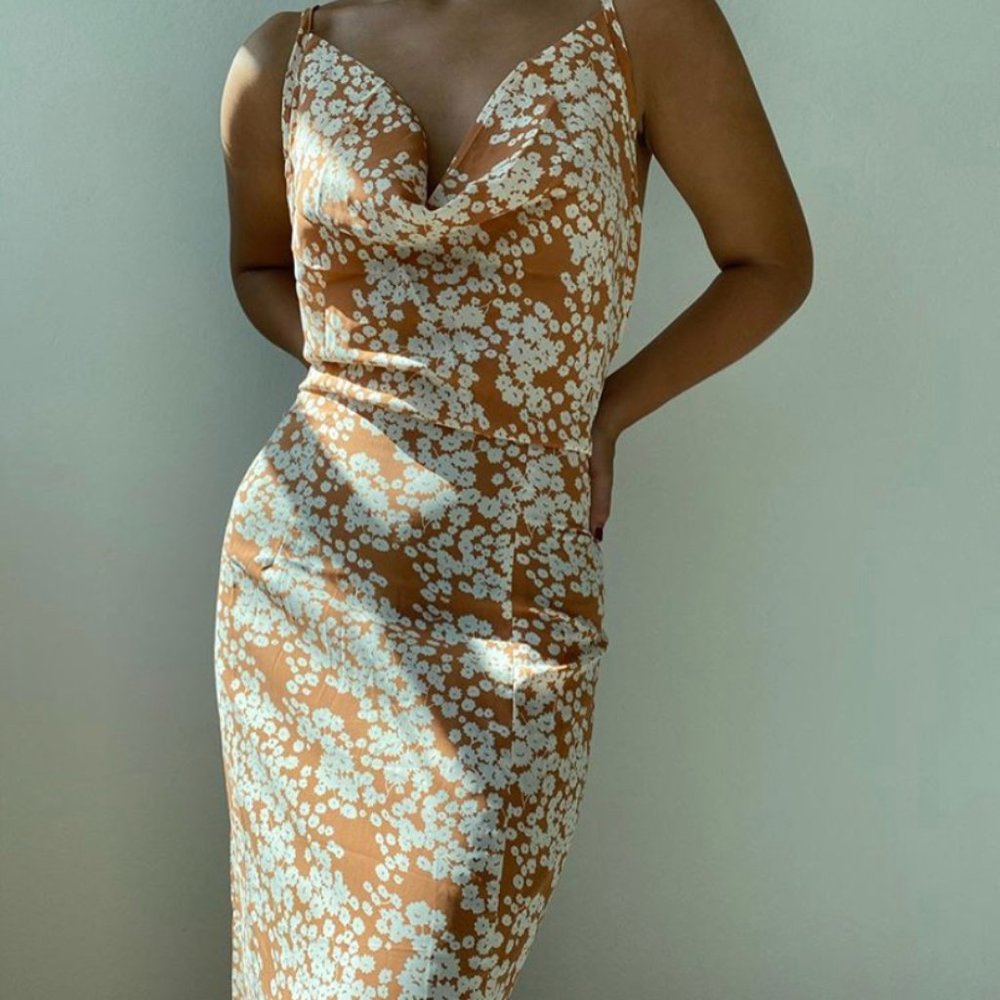 MARGA - rust floral cowl neck midi dress